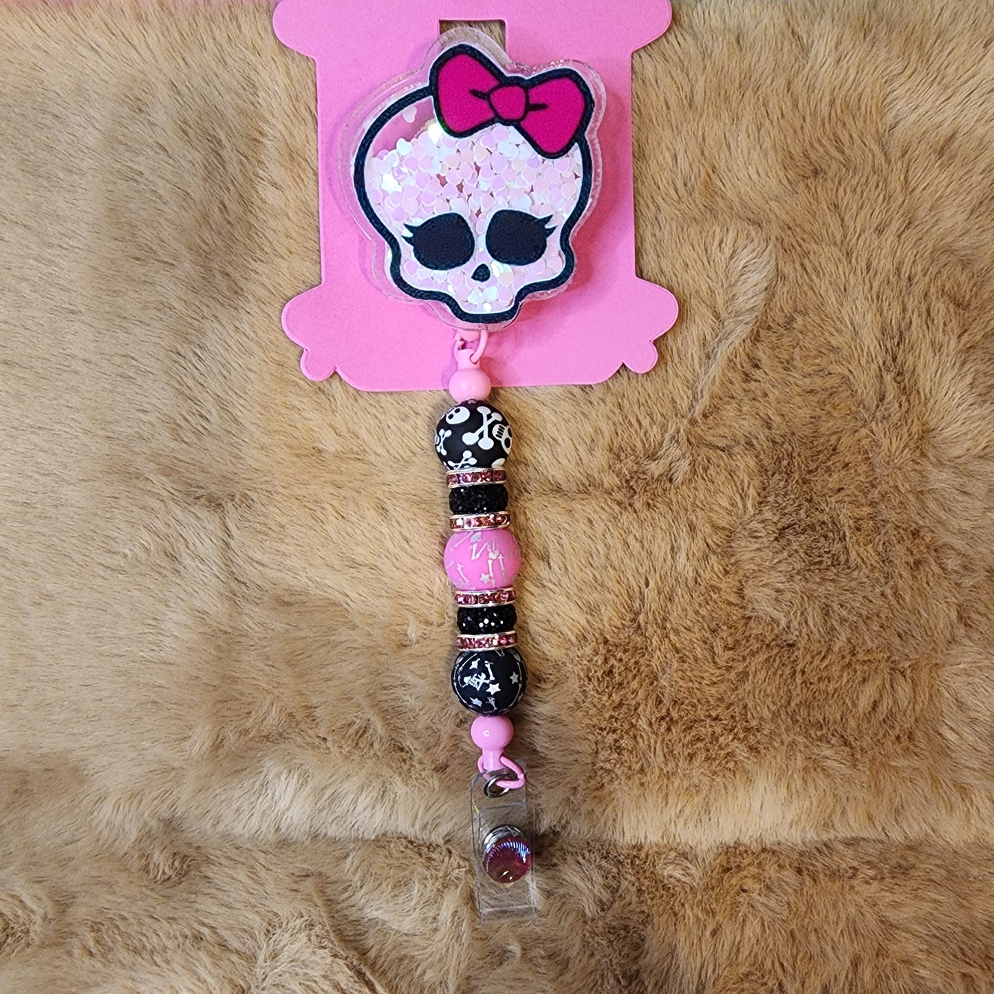Cute Skull With Bow Shaker (1) Beaded Badge Reel