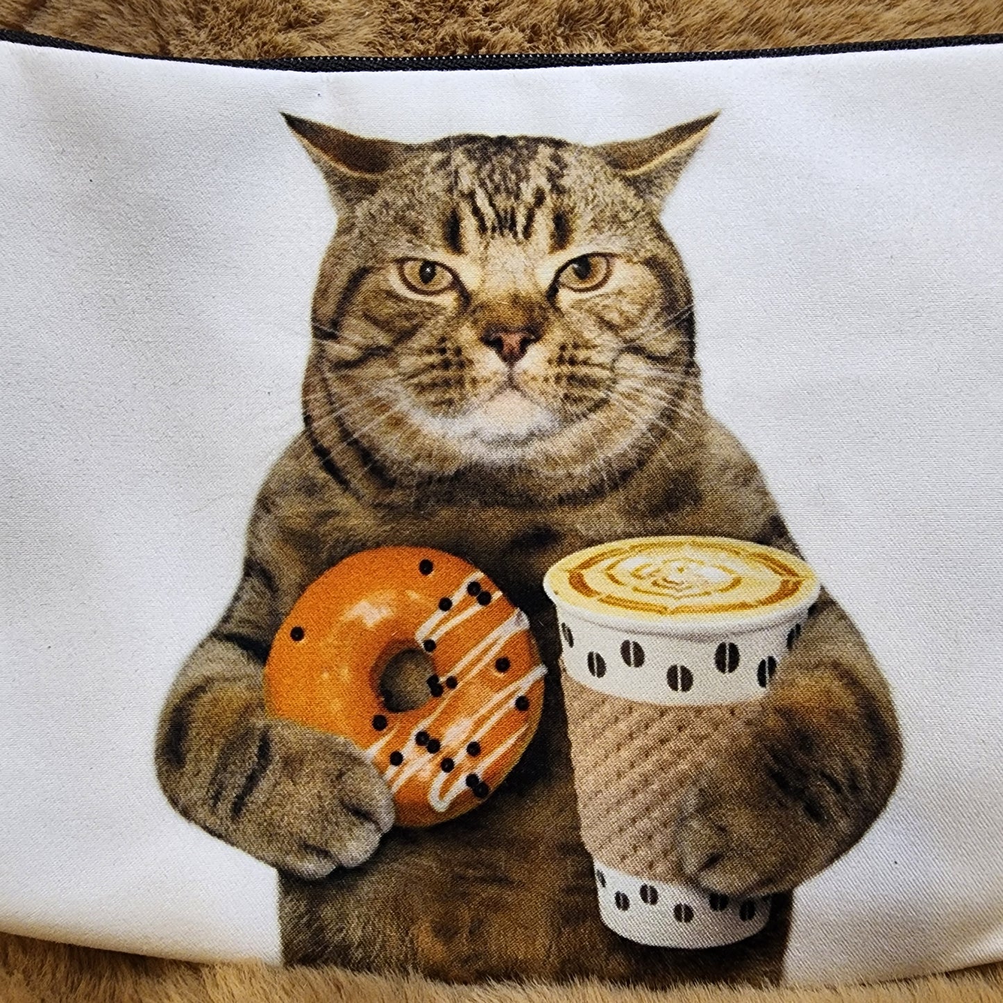 Cat With Donut and Coffee Nylon Makeup Bag