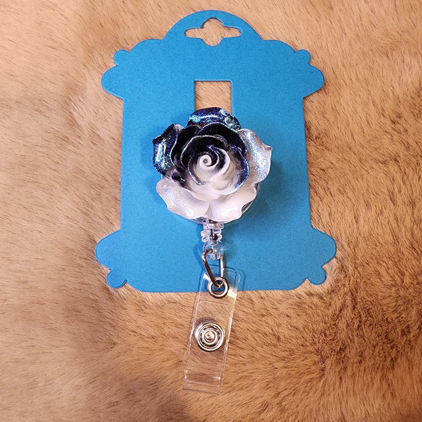 Beautiful Blue & White Rose Badge Reel