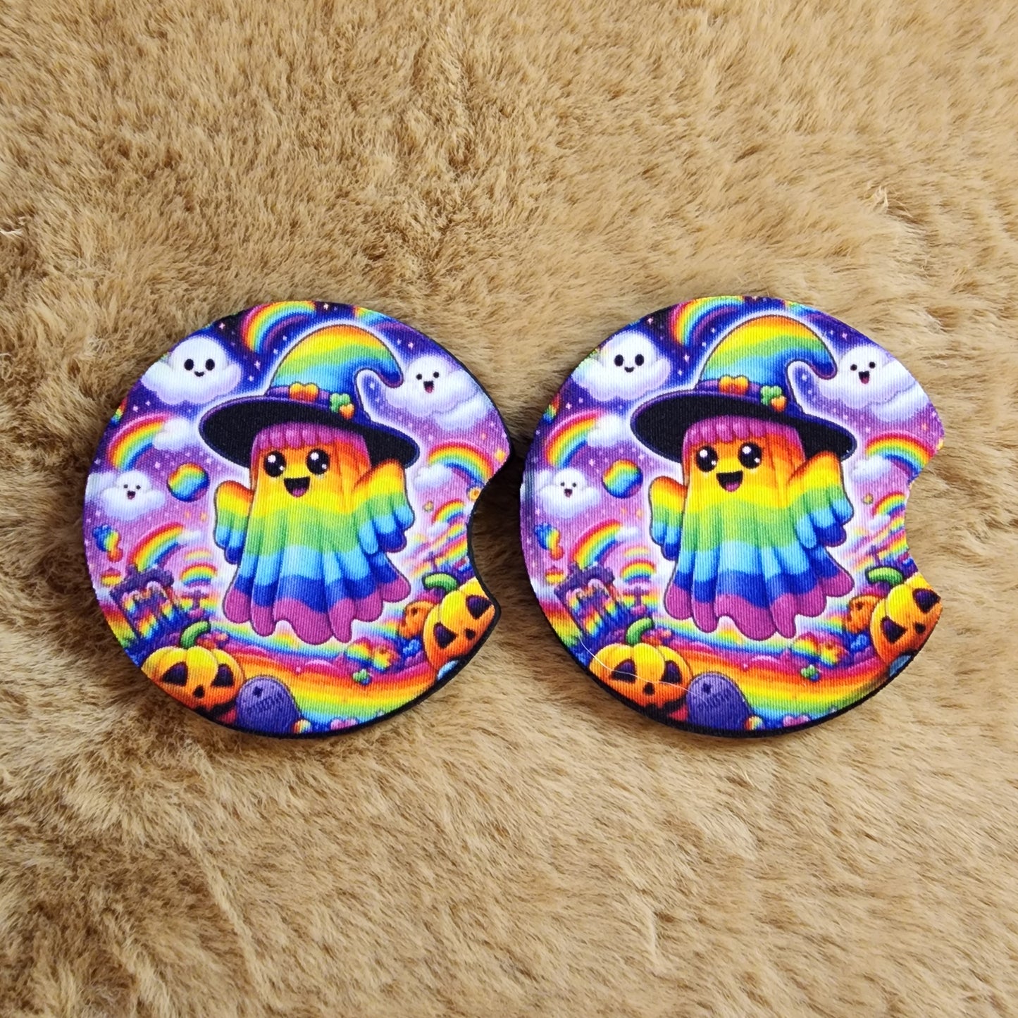 Rainbow Ghost 2 pc car coaster set
