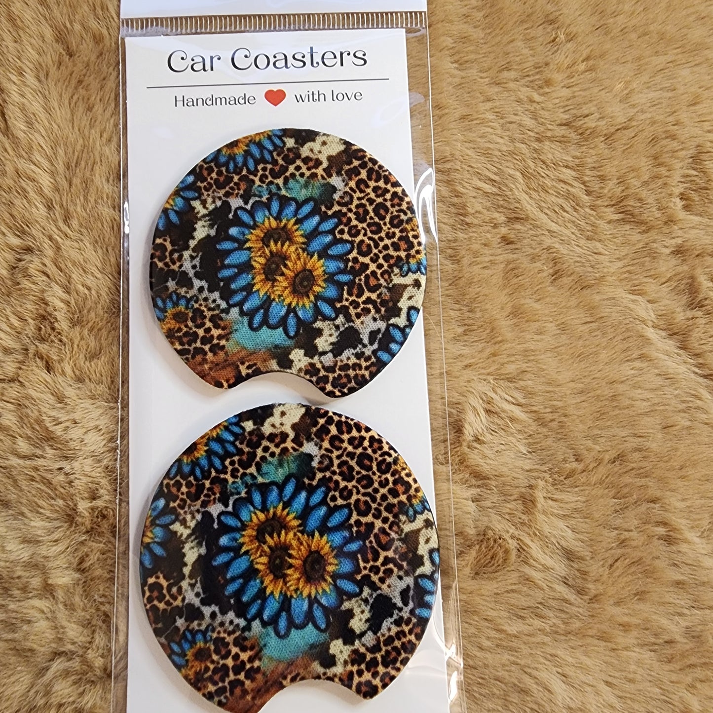 Western Sunflower & Leopard Print 2 pc Neoprene Car Coaster Set