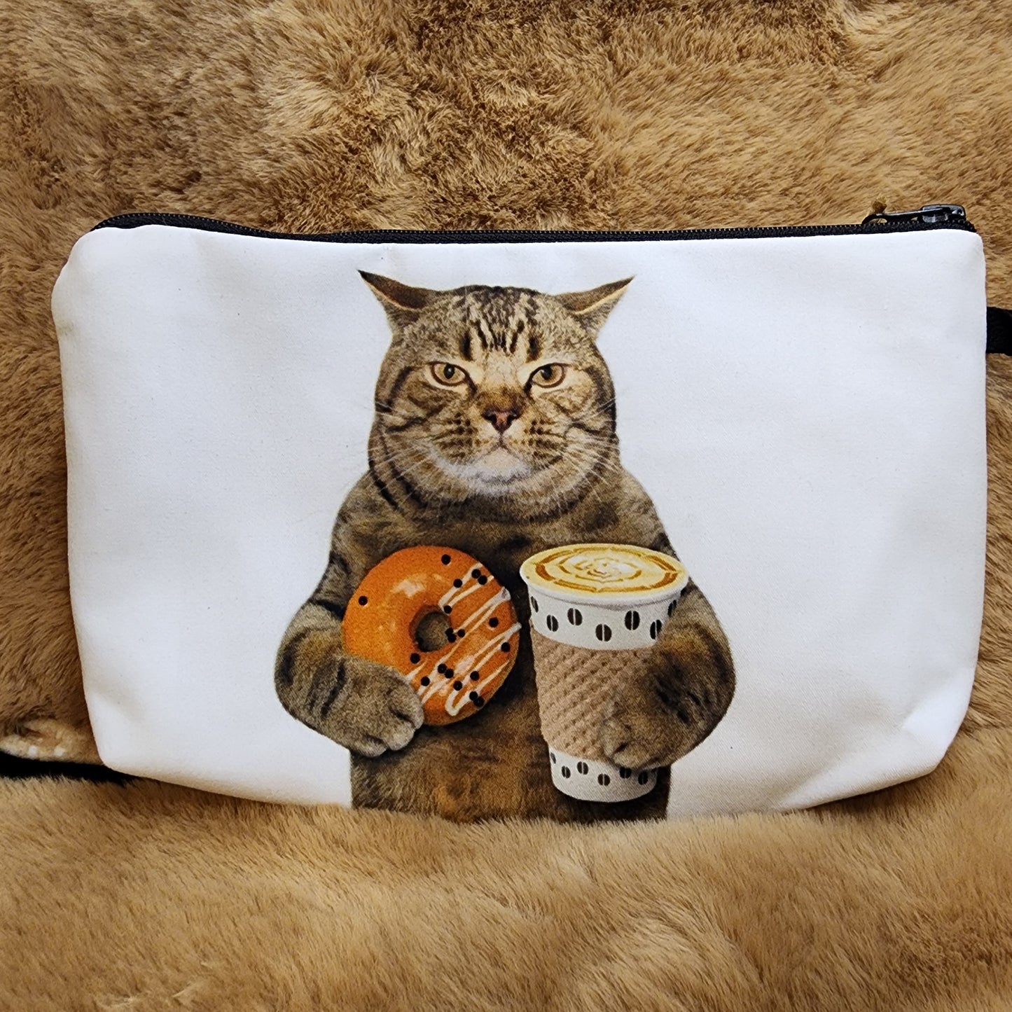 Cat With Donut and Coffee Nylon Makeup Bag