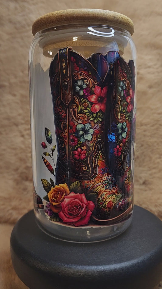 Western Boots & Cow Skull 16 oz. Glass Tumbler