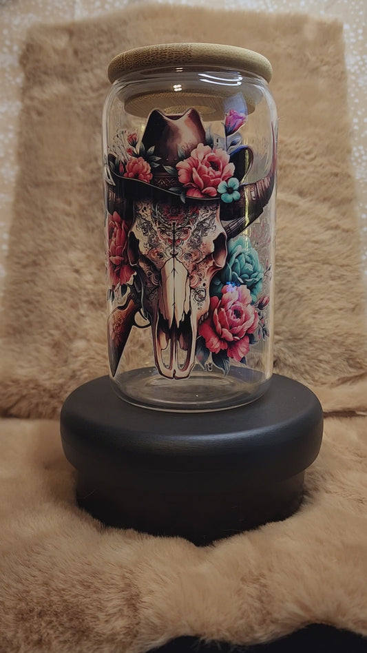 Western Cow Skull & Flowers 16 oz. Glass Tumbler
