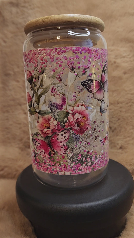 Butterflies and Flowers 16 oz. Glass Tumbler