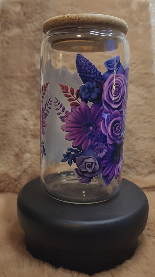 Purple Flowers and Butterfly 16 oz. Glass Tumbler