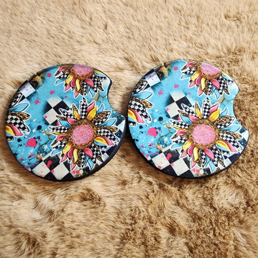 Checkered Sunflowers Car Coaster