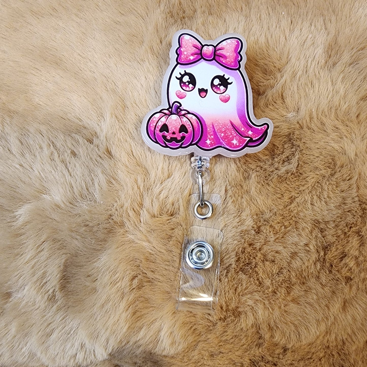 Pink Pumpkin Ghost Glow in the Dark Badge Reel