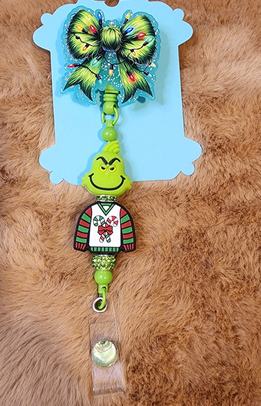Green Guy Ugly Sweater Beaded Badge Reel
