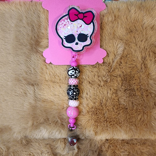 Cute Skull With Bow Shaker (2) Beaded Badge Reel