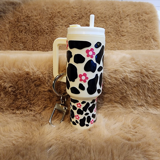 Cow and Flower Print Mini Tumbler Keychain