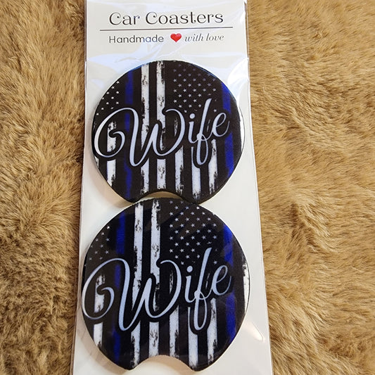 Thin Blue Line Wife 2 pc Neoprene Car Coaster Set
