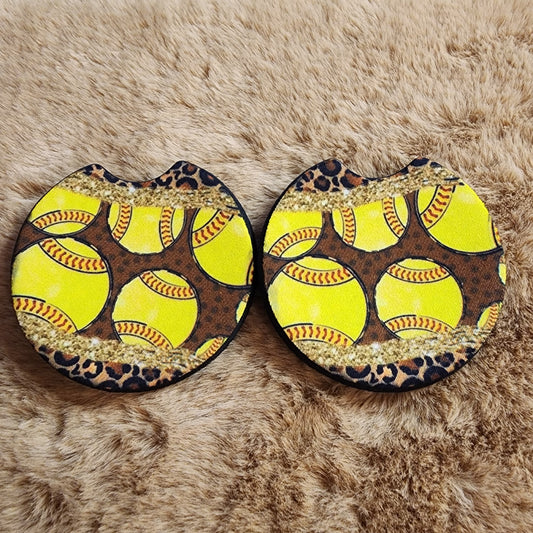 Softball & Leopard Print Car Coaster