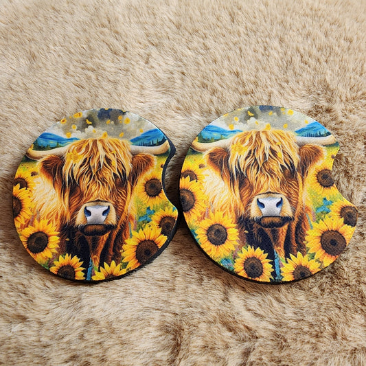 Highland Cow 2 pc car coaster set