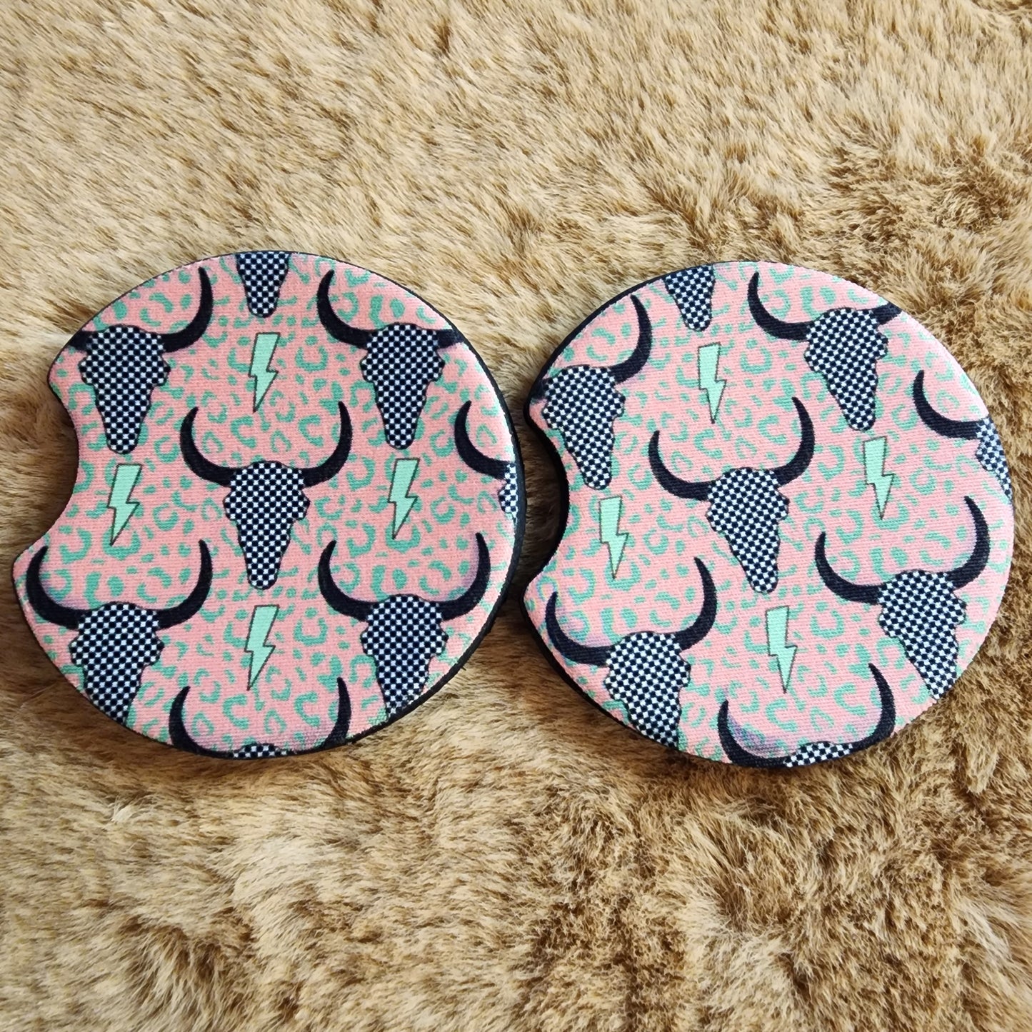 Checkered Cow Skull Car Coaster