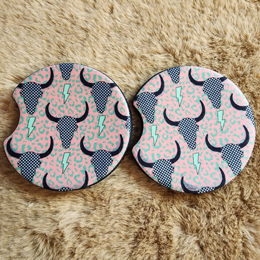 Checkered Cow Skull Car Coaster
