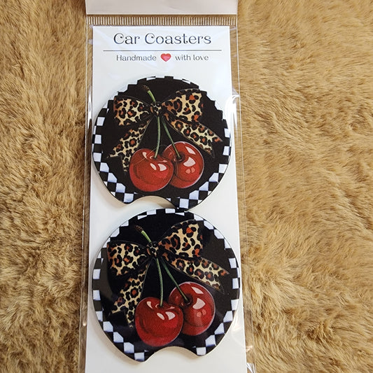 Cherries with Leopard Bow 2 pc Neoprene Car Coaster Set