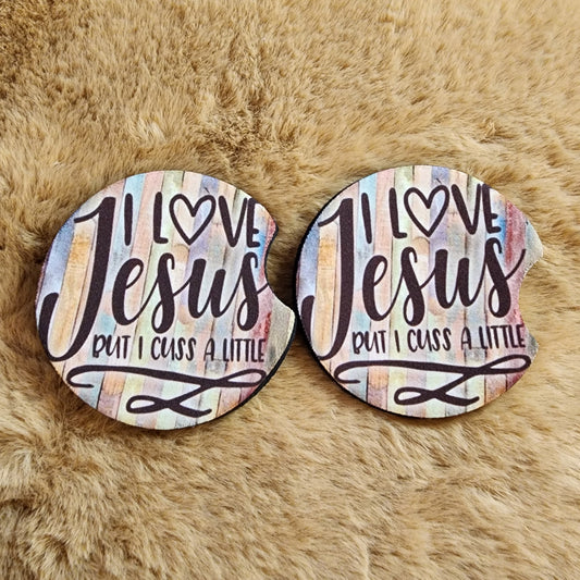 Love Jesus, But I Cuss 2 pc car coaster set