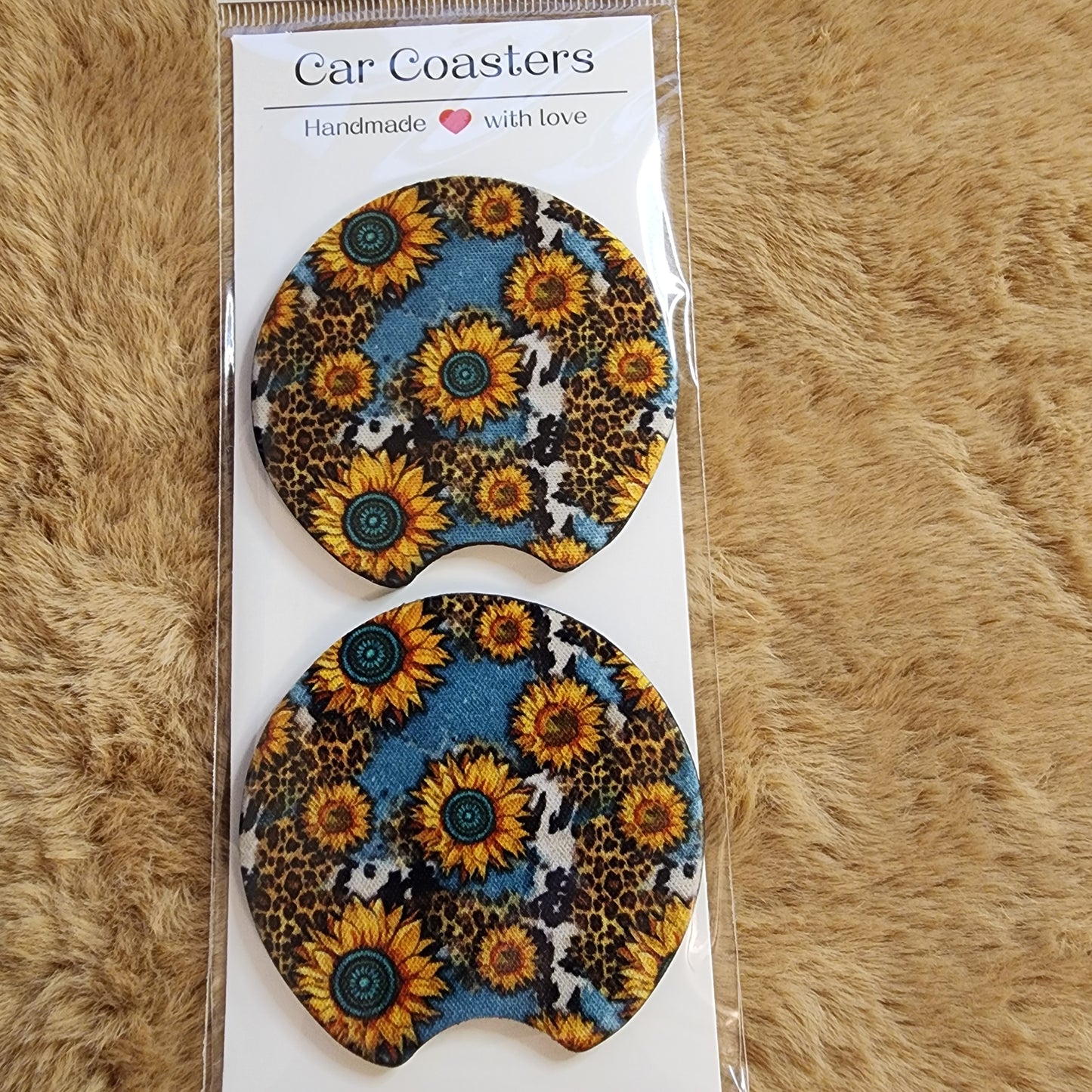 Western Sunflower & Cow Print 2 pc Neoprene Car Coaster Set