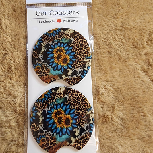 Western Sunflower & Leopard Print 2 pc Neoprene Car Coaster Set