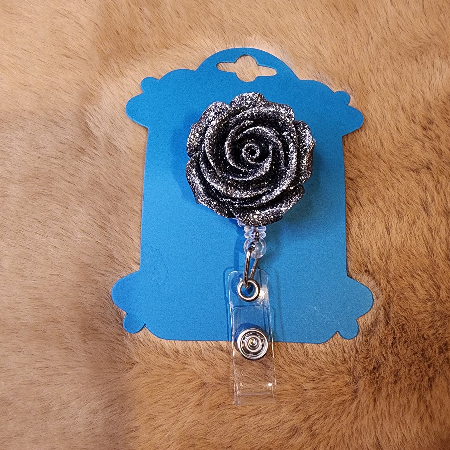 Gray Glitter Rose Badge Reel